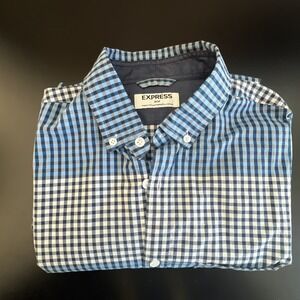 Express Button Up Shirt Men's Medium 100% Cotton Plaid Blue Casual Check